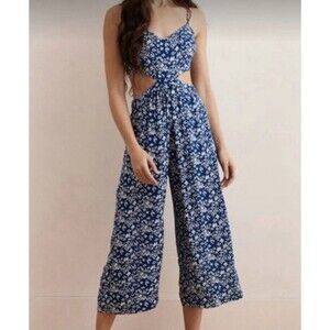 Aerie Cut Out Side Cropped Wide Leg Jumpsuit Blue Floral Women's Large Cutout L